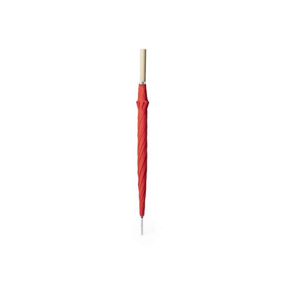 Paraguas de 8 paneles en nylon 190T, de 105 cm de diámetro. Apertura automática, con varillas metálicas en color cromado y mango de madera. Disponible en variada gama de colores planos o combinaciones con blanco.