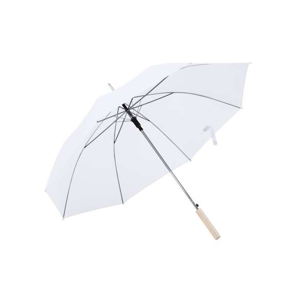 Paraguas de 8 paneles en nylon 190T, de 105 cm de diámetro. Apertura automática, con varillas metálicas en color cromado y mango de madera. Disponible en variada gama de colores planos o combinaciones con blanco.