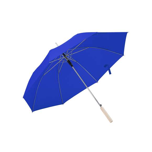 Paraguas de 8 paneles en nylon 190T, de 105 cm de diámetro. Apertura automática, con varillas metálicas en color cromado y mango de madera. Disponible en variada gama de colores planos o combinaciones con blanco.