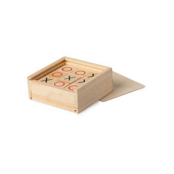  	Juego de mesa en madera, presentado en estuche individual con tapa deslizante.