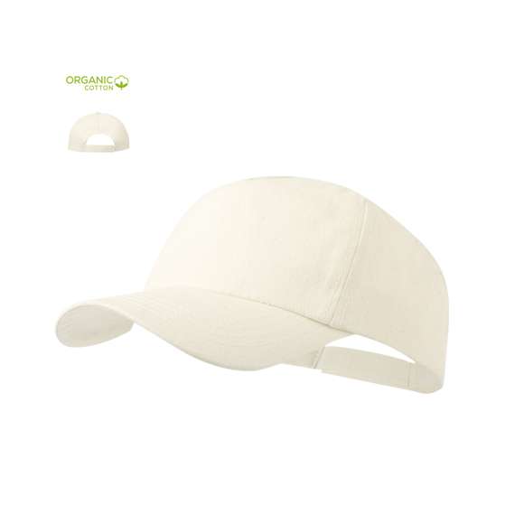Gorra de línea nature. 5 paneles en algodón orgánico de suave acabado crudo. Con cierre ajustable de velcro y orificios de ventilación bordados, con distintivo en etiqueta.