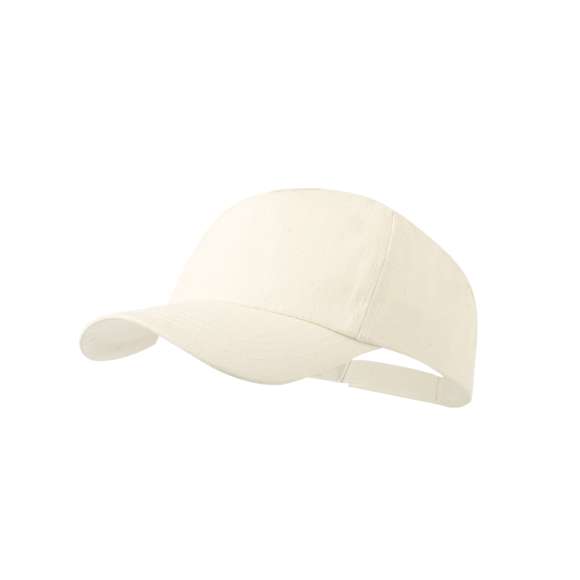 Gorra de línea nature. 5 paneles en algodón orgánico de suave acabado crudo. Con cierre ajustable de velcro y orificios de ventilación bordados, con distintivo en etiqueta.