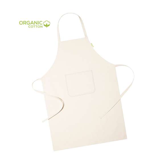 Delantal de línea nature, elaborado en material 100% algodón orgánico. Con bolsillo frontal y cintas de ajuste, de corte por debajo de la rodilla. Distintivo algodón orgánico en etiqueta.