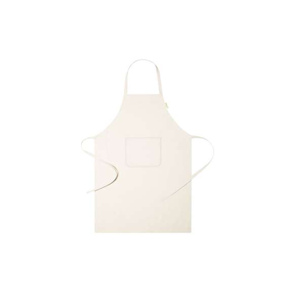 Delantal de línea nature, elaborado en material 100% algodón orgánico. Con bolsillo frontal y cintas de ajuste, de corte por debajo de la rodilla. Distintivo algodón orgánico en etiqueta.