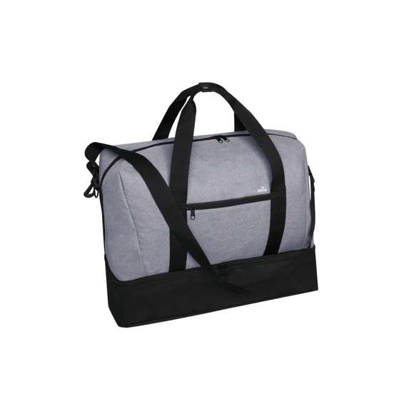 Bolso multiusos en resistente poliéster 600D de acabado denim. De diseño urbano, incluye bolsillo con tecnología de seguridad RFID (Identificación por Radio Frecuencia) que mantiene seguros tus dispositivos de transmisión de identidad. Compartimento independiente de cierre de cremallera para el calzado y bolsillo lateral de cremallera. Compartimento principal con cierre de cremallera de doble tirador y asas de transporte reforzadas, con cierre de botón. Refuerzo de nylon alrededor del cuerpo y cinta bandolera ajustable.