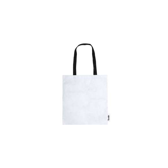 Bolsa en suave y ligero material Tyvek®, 100% reciclable y elaborado a partir de fibras de polietileno, que destaca especialmente por su resistencia, flexibilidad, durabilidad y facilidad para la impresión. Con asas largas en color negro de 70 cm reforzadas y resistencia de hasta 7 kg de peso. Con distintivo Tyvek® en etiqueta lateral.