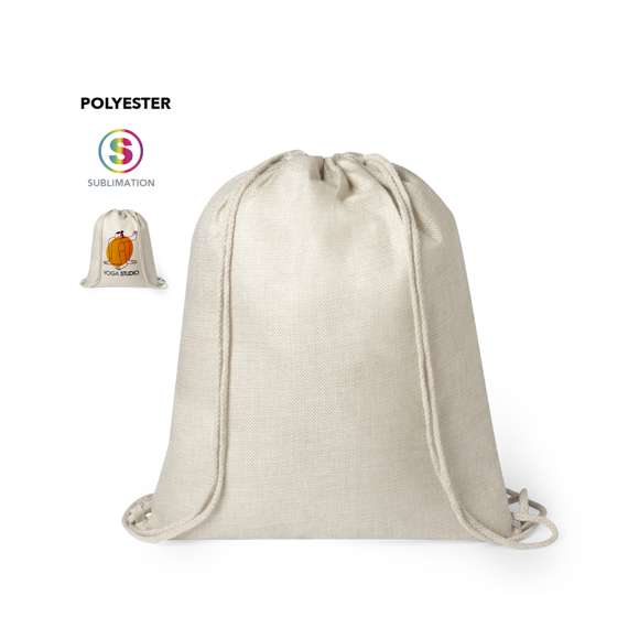 Mochila de cuerdas de inspiración nature, en resistente poliéster de suave tacto, especialmente elaborado para impresión en sublimación. Con cuerdas autocierre en color natural y esquinas reforzadas.