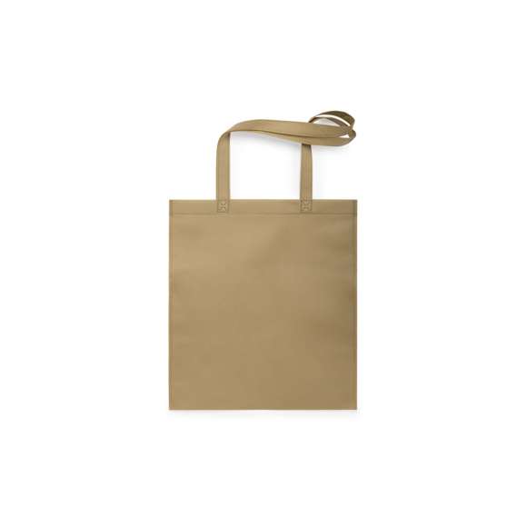 Bolsa reutilizable de inspiración nature en non-woven de 80g/m2. Tamaño 36x40 cm, de acabado termosellado y con asas largas reforzadas de 67 cm. Resistencia de hasta 6 kg de peso.