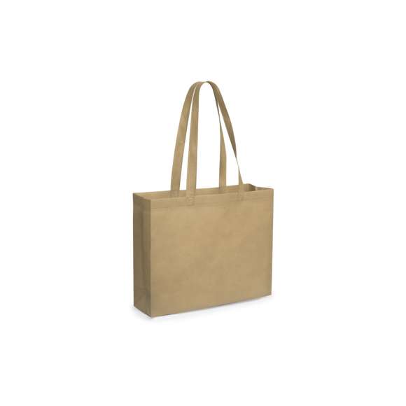 Bolsa reutilizable de inspiración nature en non-woven de 80g/m2. Tamaño 42x30+11 cm, de acabado termosellado y con asas largas reforzadas de 70 cm. Resistencia de hasta 8 kg de peso.