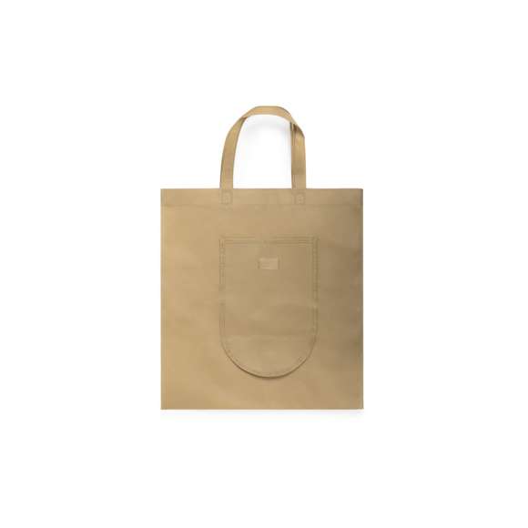 Bolsa plegable y reutilizable de inspiración nature en non-woven de 80g/m2. Tamaño 38x42 cm, de acabado termosellado y con asas medianas reforzadas de 40 cm. Plegado de pequeño tamaño con cierre de botón para cómodo transporte. Resistencia de hasta 7 kg de peso.