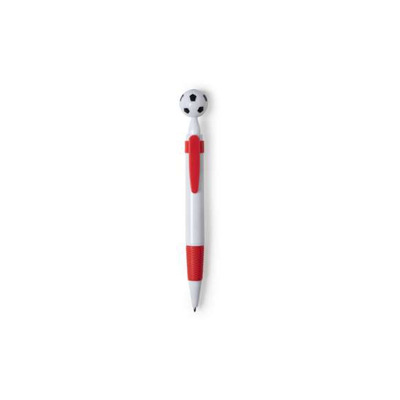 Bolígrafo para los más futboleros con detalle en forma de balón. De mecanismo pulsador y en desenfadado diseño bicolor. Con cuerpo en color blanco, con clip y empuñadura a juego, en variada gama de colores. Amplia superficie de impresión y en tinta azul.