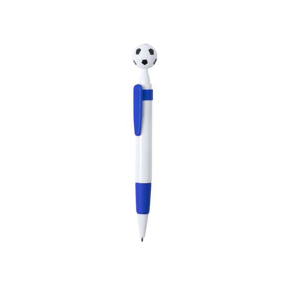 Bolígrafo para los más futboleros con detalle en forma de balón. De mecanismo pulsador y en desenfadado diseño bicolor. Con cuerpo en color blanco, con clip y empuñadura a juego, en variada gama de colores. Amplia superficie de impresión y en tinta azul.