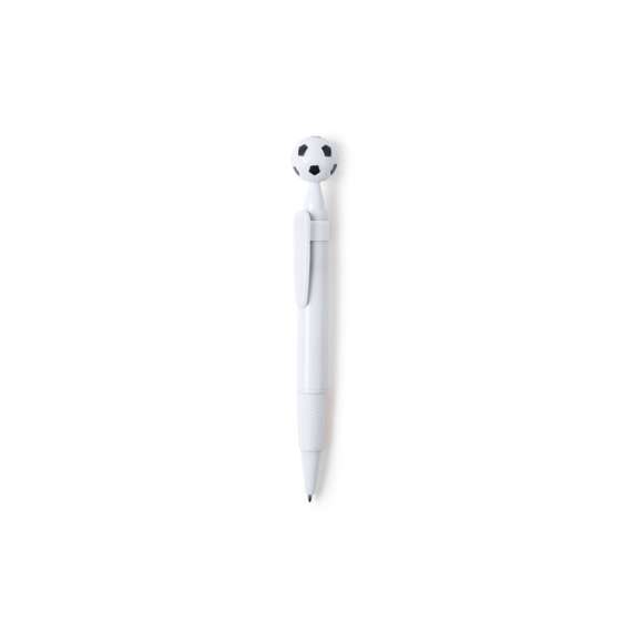 Bolígrafo para los más futboleros con detalle en forma de balón. De mecanismo pulsador y en desenfadado diseño bicolor. Con cuerpo en color blanco, con clip y empuñadura a juego, en variada gama de colores. Amplia superficie de impresión y en tinta azul.