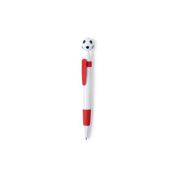 Bolígrafo para los más futboleros con detalle en forma de balón. De mecanismo pulsador y en desenfadado diseño bicolor. Con cuerpo en color blanco, con clip y empuñadura a juego, en variada gama de colores. Amplia superficie de impresión y en tinta azul.