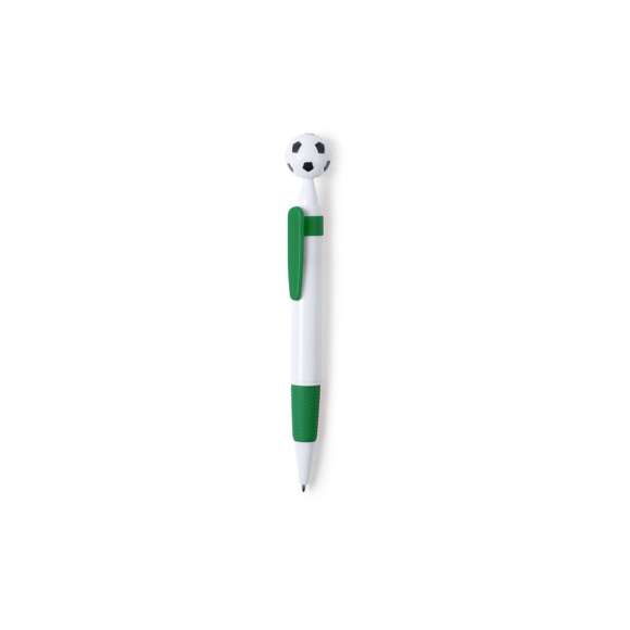 Bolígrafo para los más futboleros con detalle en forma de balón. De mecanismo pulsador y en desenfadado diseño bicolor. Con cuerpo en color blanco, con clip y empuñadura a juego, en variada gama de colores. Amplia superficie de impresión y en tinta azul.