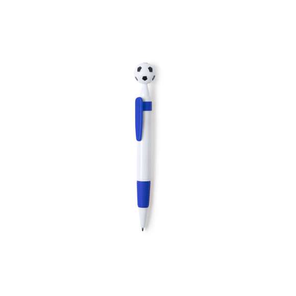 Bolígrafo para los más futboleros con detalle en forma de balón. De mecanismo pulsador y en desenfadado diseño bicolor. Con cuerpo en color blanco, con clip y empuñadura a juego, en variada gama de colores. Amplia superficie de impresión y en tinta azul.