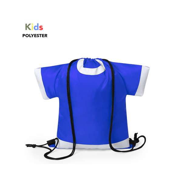 Original y divertida mochila de cuerdas para niños en forma de camiseta. En suave poliéster 210D, con cuerdas autocierre en color negro y esquinas reforzadas. disponible en variada gama de colores intensos.