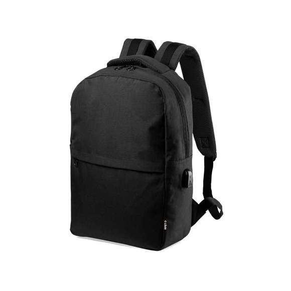 Mochila de negocios en resistente 600D RPET, elaborado a partir de plástico reciclado, para así fomentar la reutilización de residuos plásticos y ayudar a la sostenibilidad del planeta. Con cierre de cremallera de doble tirador y bolsillo en frontal. Interior con bolsillos acolchados para tablet de hasta 10 pulgadas y ordenador portátil de hasta 15 pulgadas, con estación de carga USB (cable incluido, batería auxiliar no incluida). Esquinas reforzadas, asa de transporte acolchada y accesorios en color negro. Espalda y cintas de hombros acolchadas y ajustables. Distintivo RPET en etiqueta,