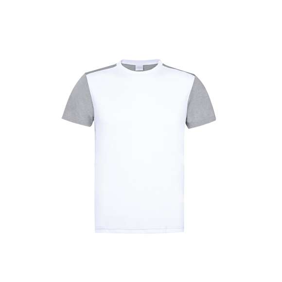 Camiseta técnica para adulto en material transpirable poliéster/elastano de 135g/m2. De elegante diseño bicolor, con frontal en color blanco, espalda detalles en gris. Disponible en tallas S, M, L, XL, XXL. Color blanco especialmente fabricado para marcaje en sublimación.
