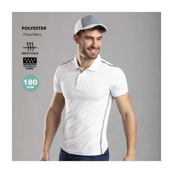 Polo técnico para adulto en poliéster transpirable de 180g/m2. De elegante diseño bicolor, en color blanco con contraste de detalles en gris. Disponible en tallas S, M, L, XL, XXL. Color blanco especialmente fabricado para marcaje en sublimación.