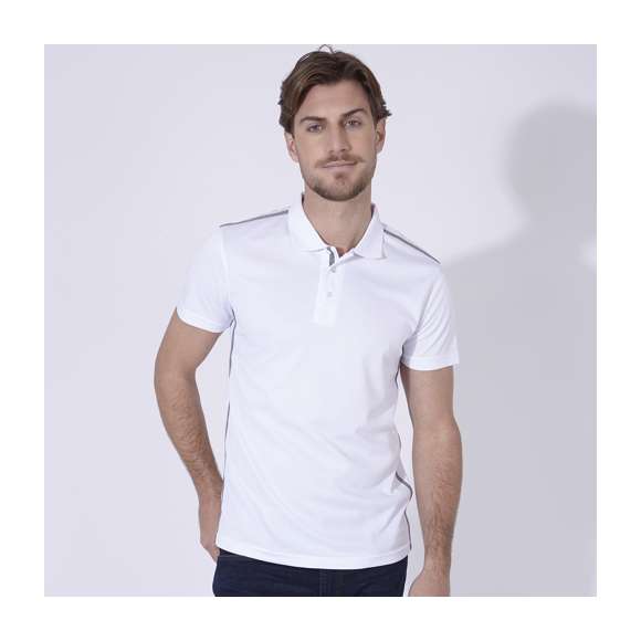 Polo técnico para adulto en poliéster transpirable de 180g/m2. De elegante diseño bicolor, en color blanco con contraste de detalles en gris. Disponible en tallas S, M, L, XL, XXL. Color blanco especialmente fabricado para marcaje en sublimación.