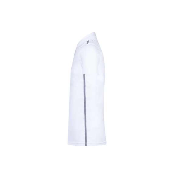 Polo técnico para adulto en poliéster transpirable de 180g/m2. De elegante diseño bicolor, en color blanco con contraste de detalles en gris. Disponible en tallas S, M, L, XL, XXL. Color blanco especialmente fabricado para marcaje en sublimación.