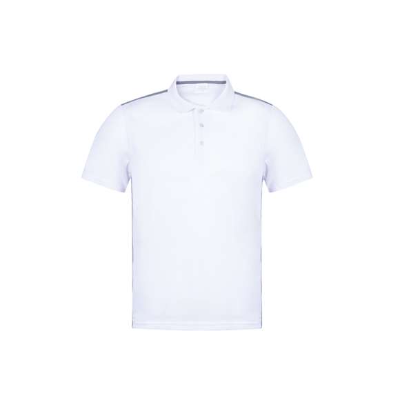 Polo técnico para adulto en poliéster transpirable de 180g/m2. De elegante diseño bicolor, en color blanco con contraste de detalles en gris. Disponible en tallas S, M, L, XL, XXL. Color blanco especialmente fabricado para marcaje en sublimación.
