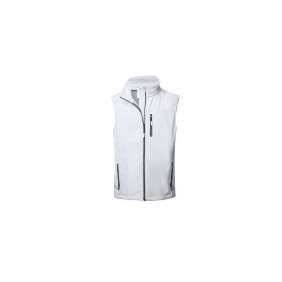 Chaleco impermeable y transpirable en material soft shell de 300g/m2. De elegante diseño bicolor, en color blanco con contraste de detalles en gris. Cierre de cremallera y bolsillos frontal y laterales de cremallera. Disponible en tallas S, M, L, XL, XXL.