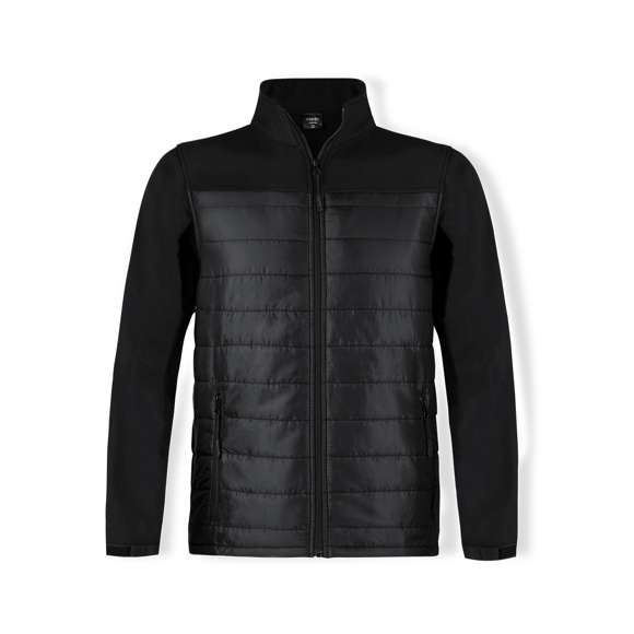 Chaqueta impermeable y transpirable en combinación de materiales soft shell y poliéster. De elegante construcción en color negro, con cierre de cremallera y bolsillos laterales de cremallera con tiradores para fácil apertura. Puños ajustables y disponible en tallas S, M, L, XL, XXL.