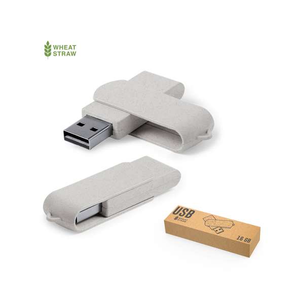 Memoria USB de 16GB de capacidad en línea nature. Cuerpo y clip en caña de trigo, para así fomentar la utilización de materias primas naturales y reducir las emisiones contaminantes, de mecanismo giratorio. Presentada en estuche individual de diseño eco.
