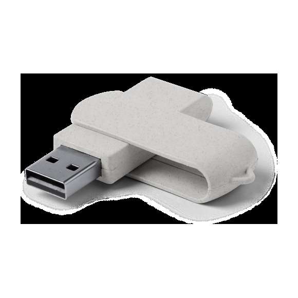 Memoria USB de 16GB de capacidad en línea nature. Cuerpo y clip en caña de trigo, para así fomentar la utilización de materias primas naturales y reducir las emisiones contaminantes, de mecanismo giratorio. Presentada en estuche individual de diseño eco.