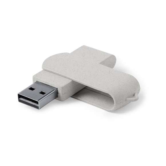 Memoria USB de 16GB de capacidad en línea nature. Cuerpo y clip en caña de trigo, para así fomentar la utilización de materias primas naturales y reducir las emisiones contaminantes, de mecanismo giratorio. Presentada en estuche individual de diseño eco.