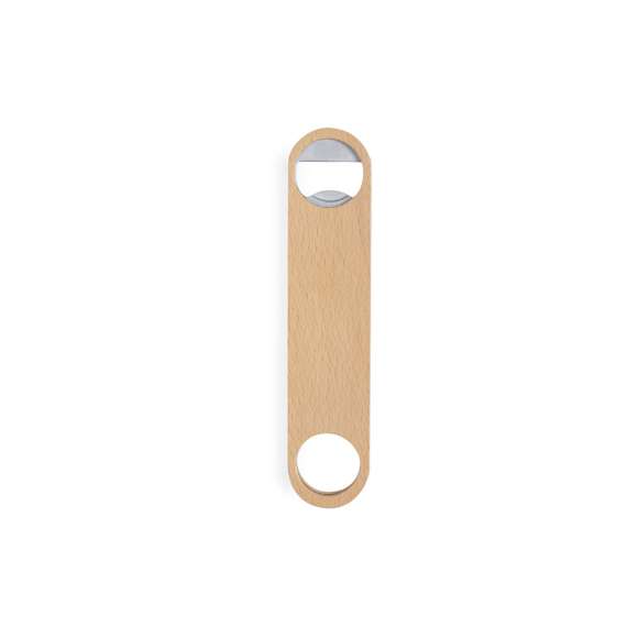 Abridor de madera de haya pulida con interior en acero inox, con troquelado para colgar.