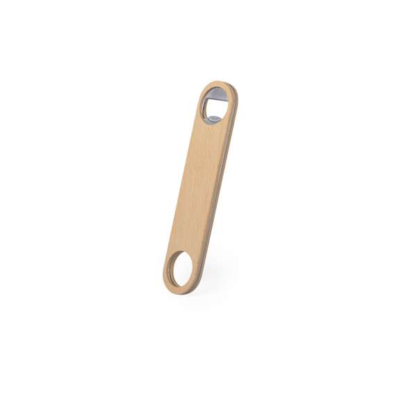 Abridor de madera de haya pulida con interior en acero inox, con troquelado para colgar.