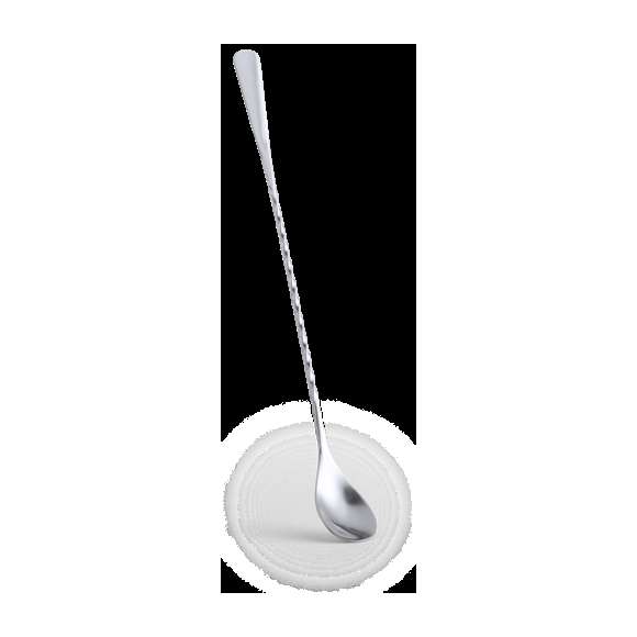 Agitador para bebidas de 25,6 cm en diseño espiral y acabado en acero inox., con extremo plano para marcaje.