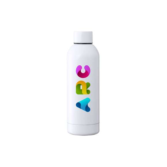 Bidón térmico de 500 ml de capacidad, fabricado en acero inox de doble pared y especialmente diseñado para marcaje en sublimación. De acabado blanco brillo y con tapón a rosca a juego, libre de BPA. Presentado en caja individual de diseño kraft. Disponible manual de instrucciones en español e inglés.