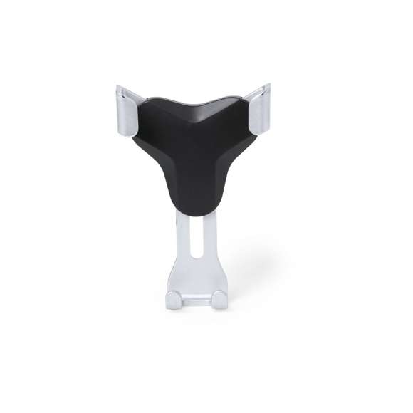 Ingenioso soporte para smartphone de diseño minimalista y especialmente diseñado para smartphones tamaño XXL. Con sistema de fijación universal que se activa por el propio peso del teléfono, ajustando las pinzas de agarre una vez que se sitúa el dispositivo en el soporte. Para rejilla de ventilación del automóvil y con frontal especialmente diseñado para marcaje en tampografía.
