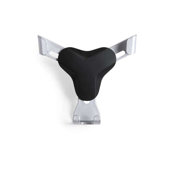Ingenioso soporte para smartphone de diseño minimalista y especialmente diseñado para smartphones tamaño XXL. Con sistema de fijación universal que se activa por el propio peso del teléfono, ajustando las pinzas de agarre una vez que se sitúa el dispositivo en el soporte. Para rejilla de ventilación del automóvil y con frontal especialmente diseñado para marcaje en tampografía.