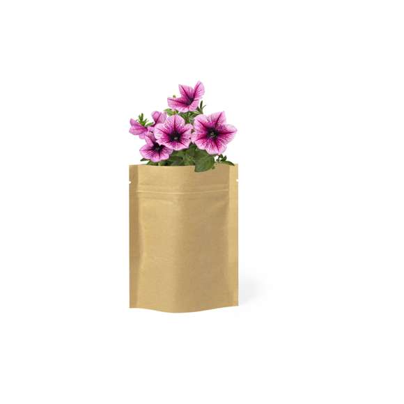  	Maceta de línea nature en sobre de papel. Con 5-8 semillas de petunia y bolsita con sustrato de crecimiento.