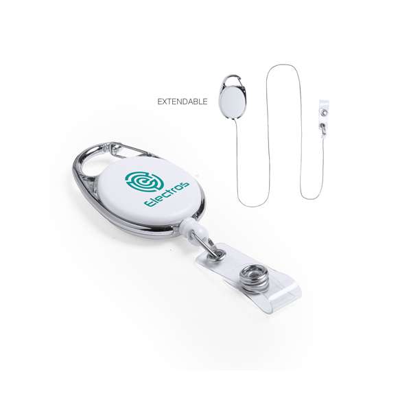 Porta acreditaciones extensible de sobrio diseño, con accesorio de cierre de botón para colgar la acreditación y con mecanismo extensible de hasta 75 cm. Con mosquetón de enganche metálico y amplia superficie de marcaje