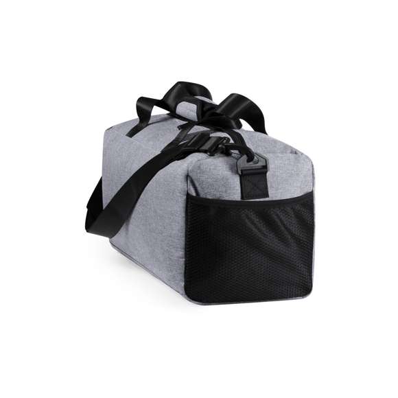 Bolso multiusos en resistente poliéster 600D denim y desenfadado diseño bicolor, con cuerpo en gris y detalles en negro. Compartimento principal con cierre de cremallera y doble tirador, resistentes asas de nylon con rerfuerzos y bolsillo lateral de redecilla. Con cinta bandolera ajustable.