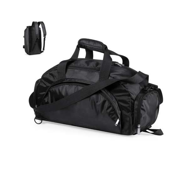 Bolso mochila en resistente nylon 420D. Compartimento independiente de cierre de cremallera para el calzado y bolsillo lateral de cremallera. Compartimento principal con cierre de cremallera de doble tirador y asas de transporte reforzadas, con cierre de velcro. Cintas de hombros y espalda acolchadas con cintas de ajuste regulables.