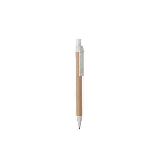 Bolígrafo con mecanismo pulsador de línea nature. Cuerpo en cartón reciclado, con accesorios en caña de trigo, para así fomentar la utilización de materias primas naturales y reducir las emisiones contaminantes. Disponible en variada gama de colores y en tinta azul.