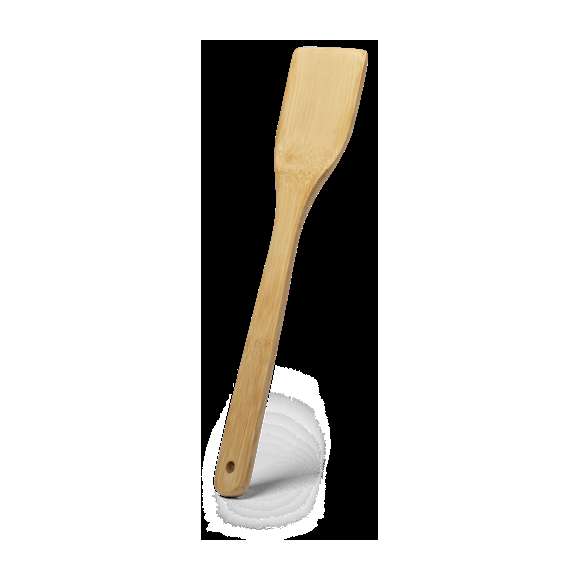 Paleta de cocina de línea nature fabricada en bambú pulido, con asa troquelada para colgar.