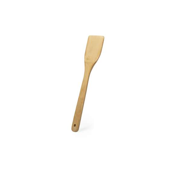 Paleta de cocina de línea nature fabricada en bambú pulido, con asa troquelada para colgar.