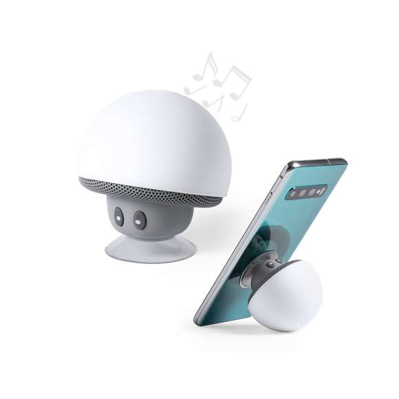  	Altavoz de original diseño seta con función soporte para móvil. Conectividad Bluetooth® 5.0, con 3W de potencia y función manos libres. Cuerpo con suave acabado de tacto goma y ventosa de fijación para función soporte. Cable micro USB incluido y presentado en atractiva caja de diseño.