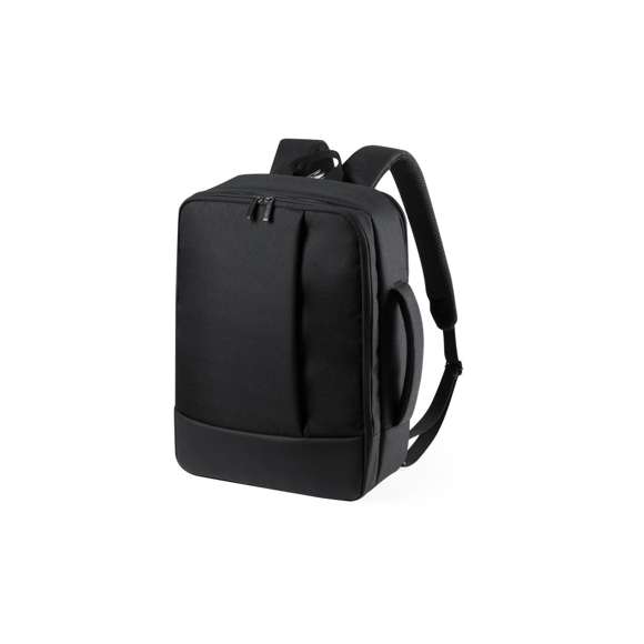 Mochila portadocumentos en combinación de resistente poliéster 300D con detalles en polipiel. De diseño urbano, compartimento principal con cierre de cremallera de doble tirador y bolsillo acolchado para portátil de hasta 15 pulgadas. Con cintas de hombros y espalda acolchadas, de ajuste regulable. Con accesorio para ajuste en trolley y bolsillo para ocultar las cintas de la espalda cuando se usa como portadocumentos.