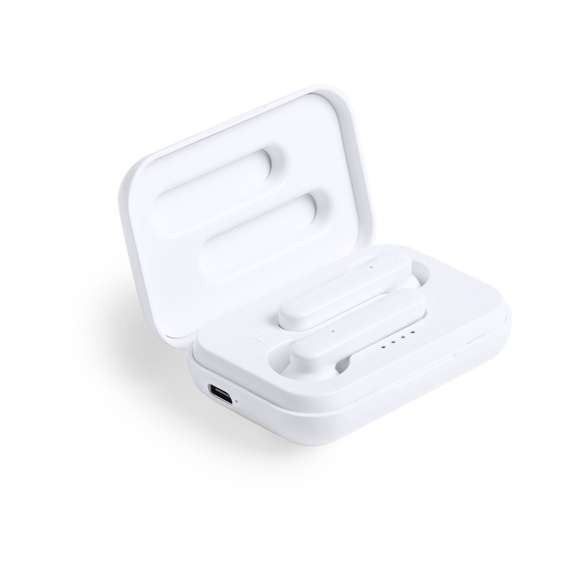 Auriculares intraurales en elegante acabado blanco y conexión Bluetooth® 5.0. De diseño ergonómico, incluyen botón de control táctil integrado en el auricular, con base de carga a juego. Función manos libres y recargables, con cable micro USB incluido. Presentados en estuche individual de lujo con tapa de bisagra y en atractiva caja de diseño.