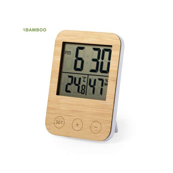 Estación meteorológica de línea nature con frontal en bambú. Funciones higrómetro y termómetro. Alimentación a pilas (2xAAA no incluidas) y presentado en atractiva caja de diseño eco.