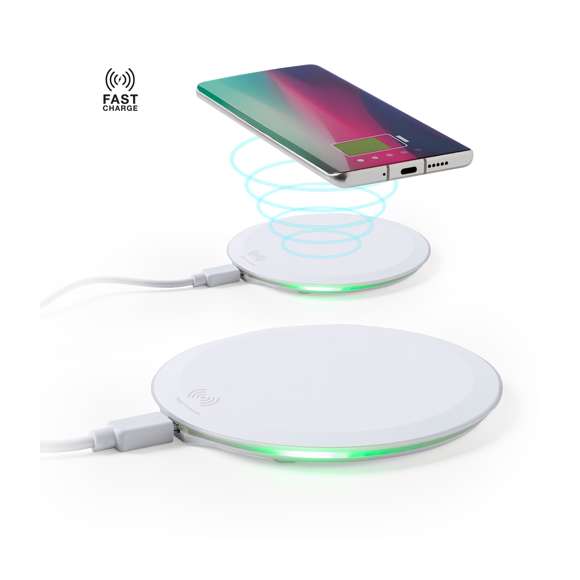 Cargador inalámbrico circular, con función carga rápida de 10W. Base antideslizante e indicador LED de estado de carga. Cable micro USB incluido y compatible con smartphones con tecnología de carga inalámbrica. Presentado en atractiva caja de diseño.